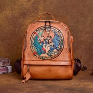 Sac à dos en cuir véritable fait main, cartable Poissons, sac à dos pour ordinateur portable, cartable pour étudiant, sac à dos de voyage vintage, sac à dos multifonctionnel