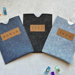 Pet ID-kaarthoes met naam, beschermhoes voor vaccinatiekaart van kunstleer, denim, jeanslook, aanpasbaar