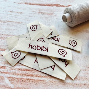 Label &quot;habibi&quot; met hart, geweven labels om op te naaien