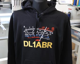 S-Meter con nominativo, stazione radio amatoriale, felpa con cappuccio (S-5XL) di qualità premium,realizzata con ricamo per gli appassionati