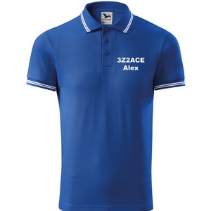 May include: A royal blue polo shirt with white trim on the collar and sleeves. The shirt has a white embroidered logo on the left chest and the text "3Z2ACE Alex" on the right chest.