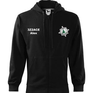 Könnte beinhalten: Schwarzer Kapuzenpullover mit Reißverschluss, mit einem weißen Logo auf der linken Brust und einem grün-weißen Logo auf der rechten Brust. Der Text "3Z2ACE Alex" ist in weiß auf der linken Brust aufgedruckt.