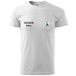 May include: White t-shirt with the text "3Z2ACE Alex" in black, and a circular graphic featuring a green tree and the words "FOTA" and "WORLD ON THE AIR" in black. The shirt has a crew neck and short sleeves.