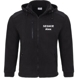 May include: Black fleece zip-up hoodie with a hood and two zippered pockets. The hoodie has a white embroidered design that says "3Z2ACE Alex".