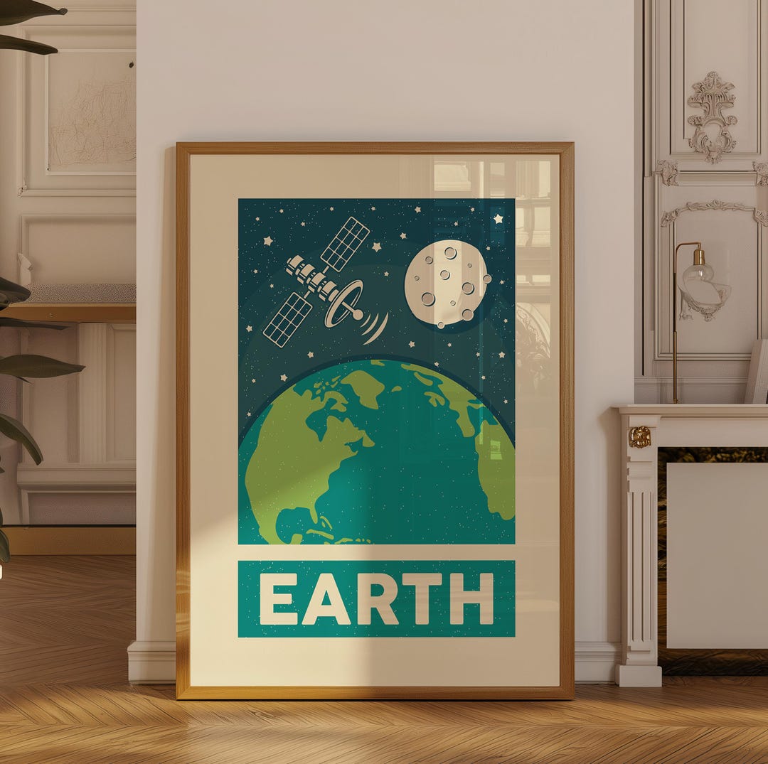 Retro Earth Poster, Vintage Space Print, Galaxy Solar System Wall Art ...