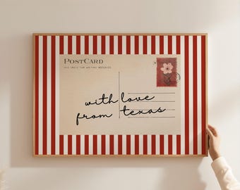 With Love From Texas Print, Red Striped Postcard Poster, Vintage Travel Art, State Decor