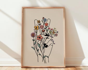 Hippie Peace Hand Print, Floral Wall Art, Shabby Chic Apartment Decor, Unframed Printed Gift