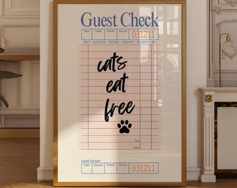 Cats Eat Free Guest Check Print, Retro Kitchen Decor, Funny Cat Poster Gift