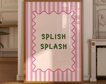 Splish Splash Print, Pink and Green Art Poster, Unframed Typography Bathroom Decor Wall Art