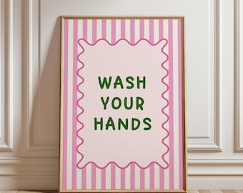 Wash Your Hands Print, Preppy Bathroom Decor, Pink Striped Poster, Coquette Wall Art