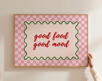 Good Food Good Mood Print, Quote Text Art Poster, Retro Kitchen Decor, Unframed Landscape