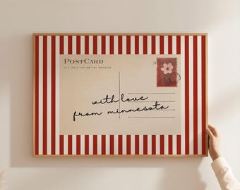 With Love From Minnesota Print, Red Striped Postcard Poster, Vintage Travel Art, State Decor