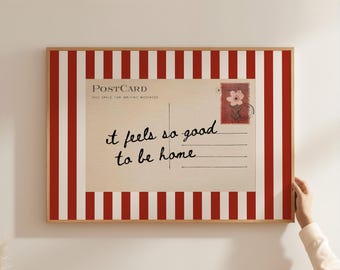 Vintage Postcard Poster, Red Striped Homely Wall Art Print, Printed Gift