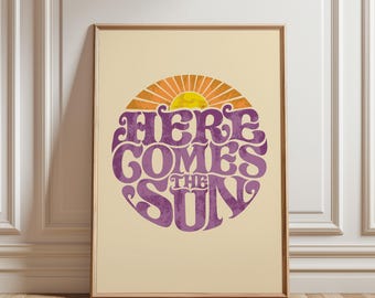 Here Comes The Sun Retro Print, Celestial Wall Art, Quirky Dopamine Decor, Unframed Printed Gift