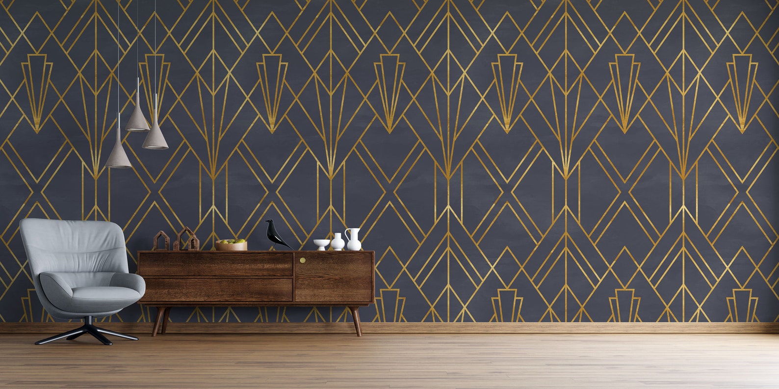 Navy Blue Wallpaper Art Deco Wallpaper Peel and Stick Etsy