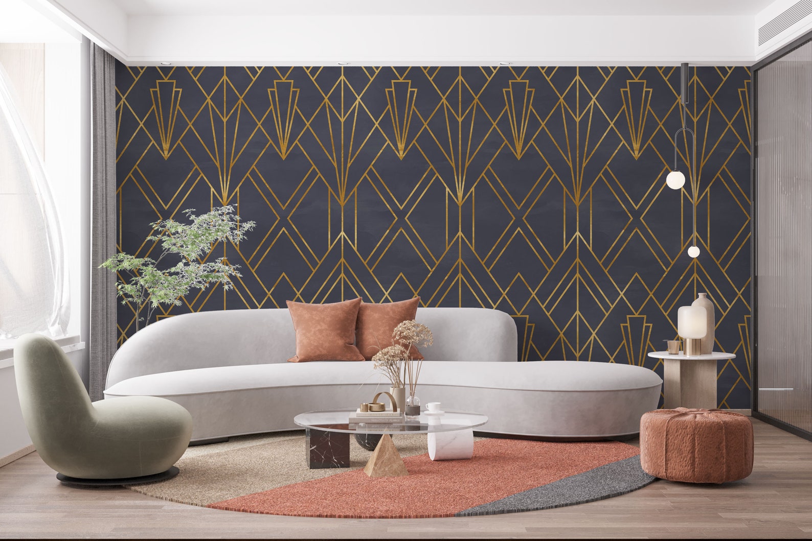 Navy Blue Wallpaper Art Deco Wallpaper Peel and Stick Etsy