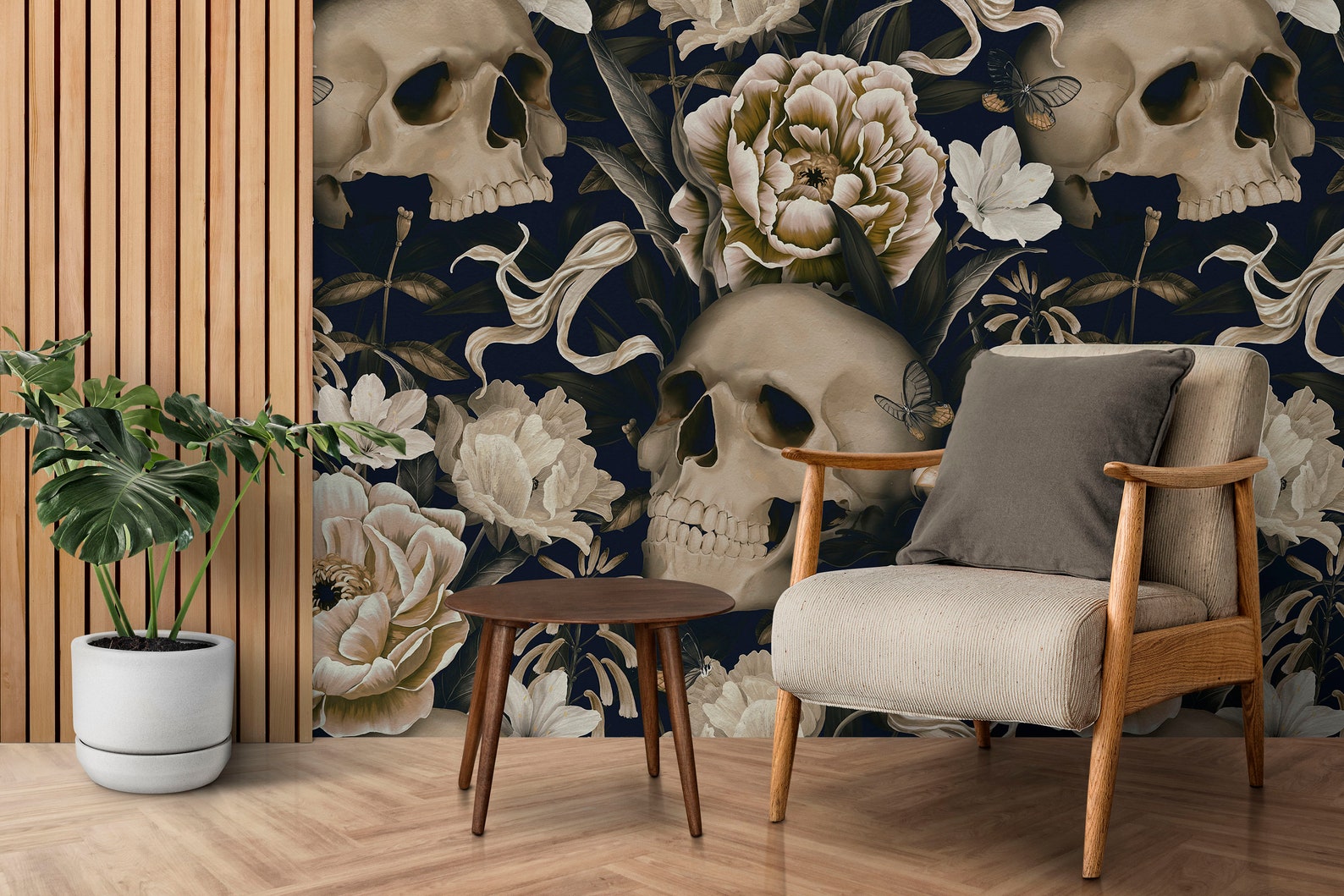 Skull Wallpaper Peel and Stick Dark Botanical Wallpaper With - Etsy