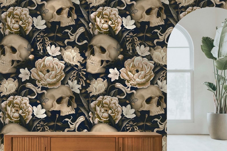 Skull Wallpaper Peel and Stick Dark Botanical Wallpaper With - Etsy