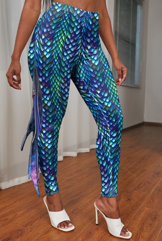3D Print Adult High Waisted Scaled Mermaid Tail Themed Leggings With Loose  Tail Fins 