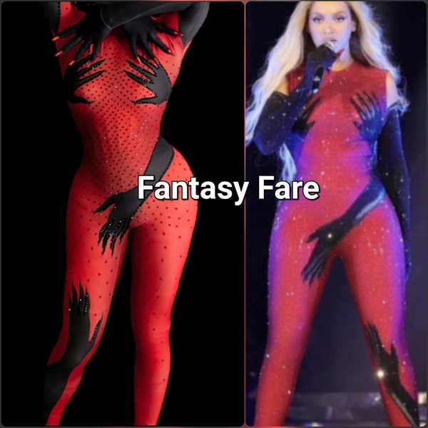 Celeb Inspired Red Rhinestone Black Hands Jumpsuit / Stage Wear/ Rave / Carnival / Drag / Outfit / Singer /  Catsuit / Leotard