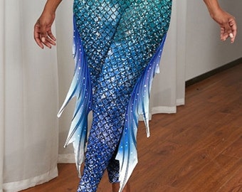 3D Print Adult High Waisted Scaled Mermaid Tail Themed Leggings With Loose Tail Fins