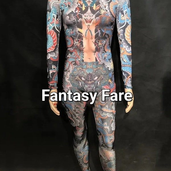 3D Print Male Body Contoured / Inked  Tattooed / Chinese Dragon /Festival / Stage Wear / DJ / Full Bodysuit / Jumpsuit / Leotard