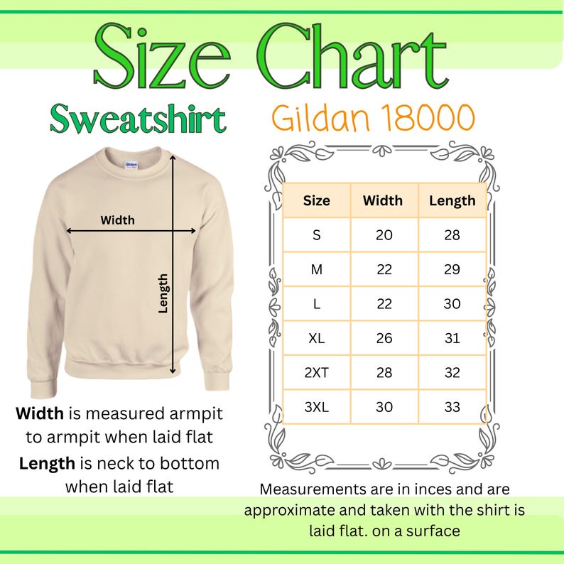 Puede incluir: Sudadera beige Gildan 18000 con tabla de tallas. La tabla muestra medidas en pulgadas para tallas S a 3XL. El ancho se mide de axila a axila y el largo desde el cuello hasta la parte inferior. Las medidas son aproximadas.