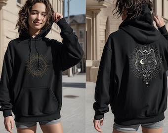 Celestial Luna Wolf Hoodie | Fantasy Bücherwurm Sweatshirt | Mystischer Wolf-Rückendruck | Witchy Mond Kapuzenpullover | Mondästhetisches Geschenk