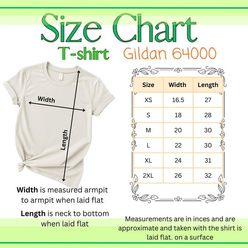 May include: A Gildan 64000 T-shirt size chart featuring a beige crew neck T-shirt with width and length measurement arrows. A table lists sizes XS through 2XL with corresponding width and length measurements in inches for a flat-laid garment.