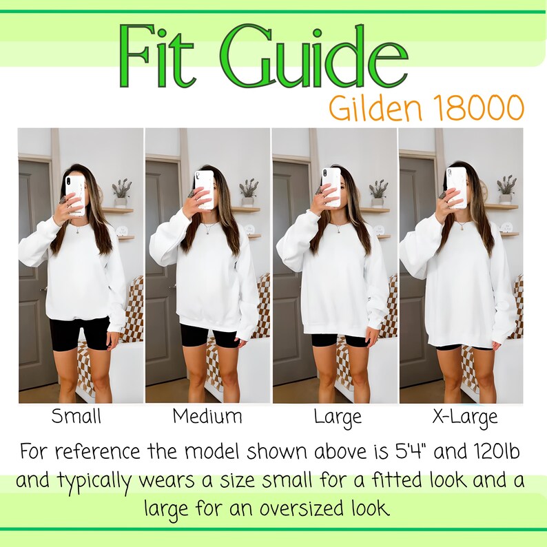 Puede incluir: Una gu&iacute;a de tallas para una sudadera Gildan 18000, que muestra c&oacute;mo quedan las tallas Small, Medium, Large y X-Large. La modelo mide 163 cm y pesa 54 kg. El texto dice que la modelo suele usar una talla peque&ntilde;a para un look ajustado y una grande para un look oversize.