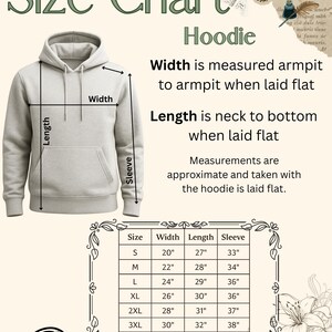 May include: Size chart for a hoodie, with measurements in inches. The chart includes width, length, and sleeve dimensions for sizes S through 4XL. The image also shows how to measure the hoodie for accurate sizing.