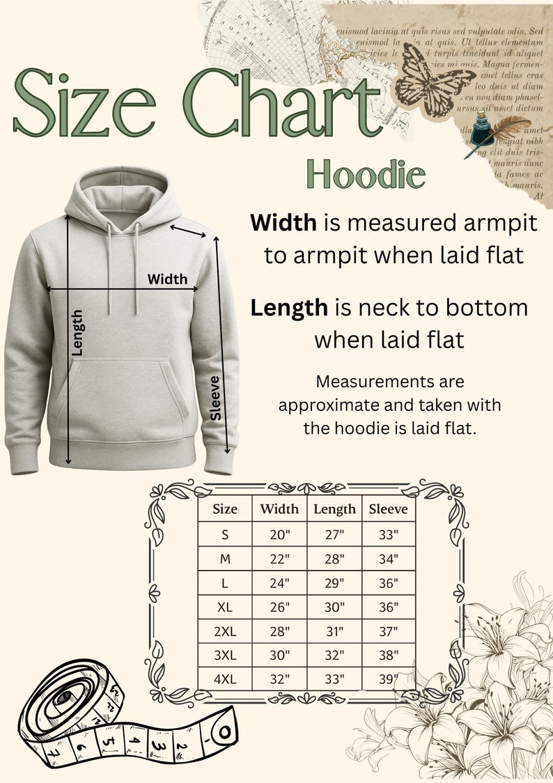 May include: Size chart for a hoodie, with measurements in inches. The chart includes width, length, and sleeve dimensions for sizes S through 4XL. The image also shows how to measure the hoodie for accurate sizing.