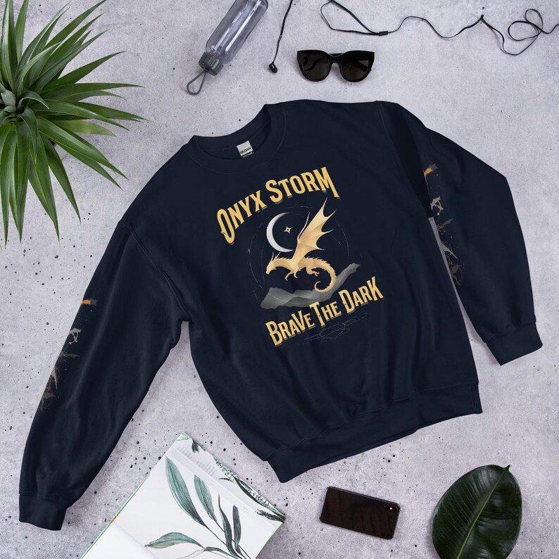 Onyx Storm Sweatshirt | Golden Dragon in Flight | Brave the Dark | Rebecca Yarros Book Gift | Book Dragon Crewneck | Dragon Lover Aesthetic