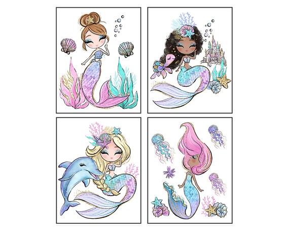 Mermaid Art Wall Decor Bathroom Wall Art Prints Mermaid - Etsy
