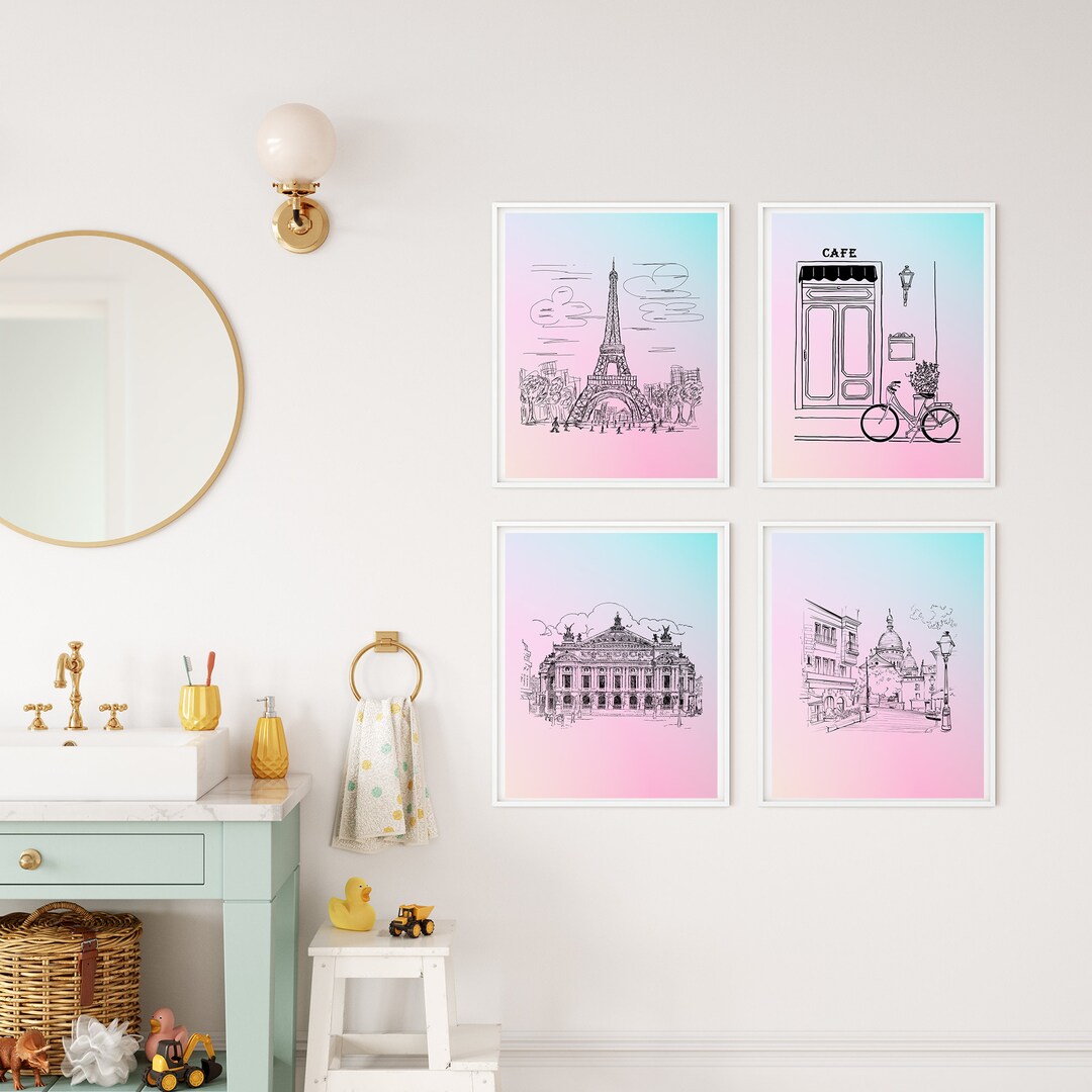 Paris Wall Art Set of 4, Paris Poster, Digital Download, Eiffel Tower