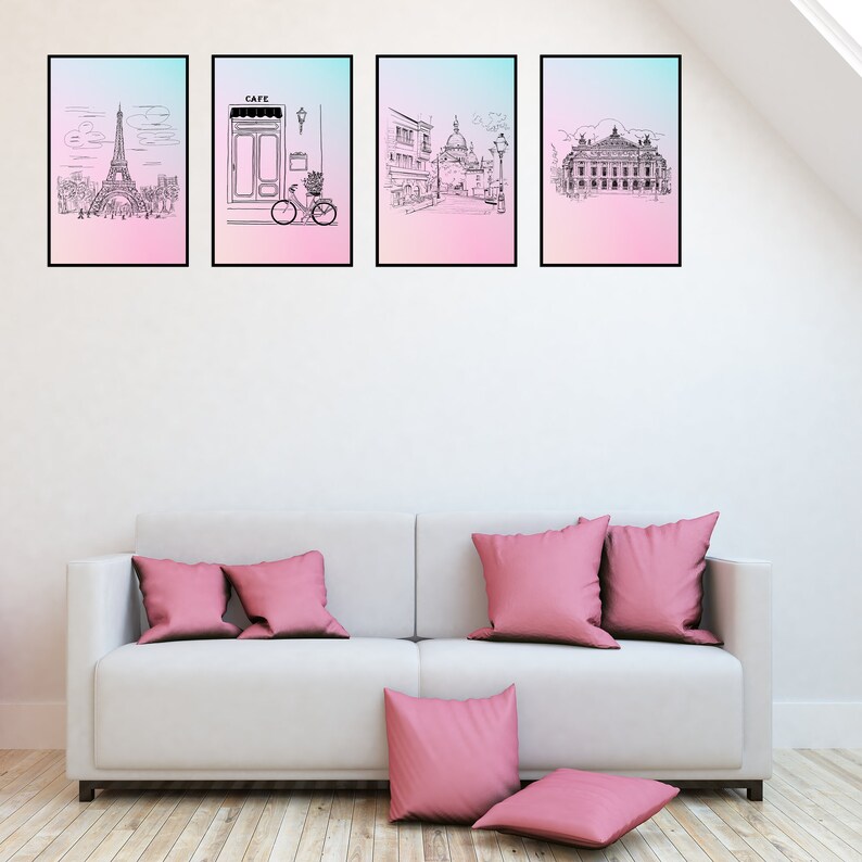 Paris Wall Art Set of 4, Paris Poster, Digital Download, Eiffel Tower