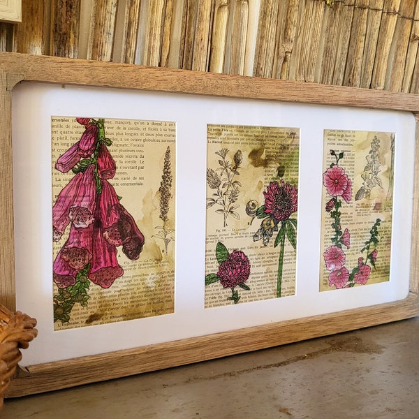 Triptyque fleurs à l'aquarelle sur livre ancien