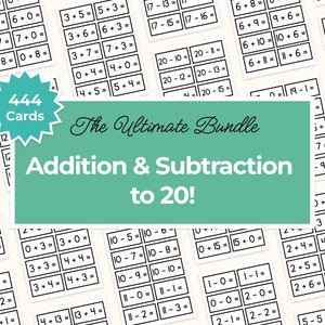Puede incluir: Un conjunto de 444 tarjetas didácticas para enseñar suma y resta hasta el 20. Las tarjetas son blancas con texto negro y están dispuestas en una cuadrícula. Las tarjetas están etiquetadas como "The Ultimate Bundle Addition & Subtraction to 20!"