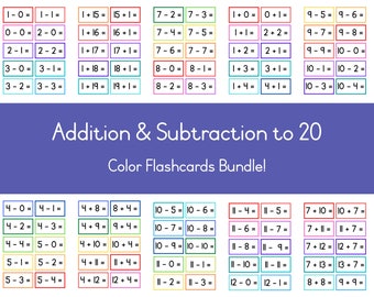 Paquete de tarjetas didácticas de colores para suma y resta: operaciones matemáticas hasta el 20