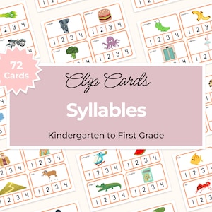 May include: Educational clip cards for kindergarten to first grade, featuring colorful illustrations and syllable counting. The cards display various objects with numbered boxes for syllable identification. The set includes 72 cards.