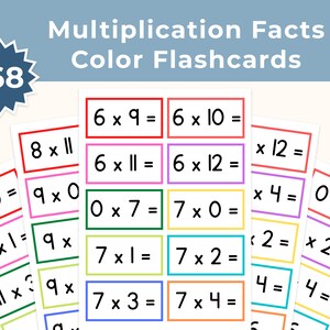 May include: A set of 168 colorful flashcards for learning multiplication facts. The cards feature different colors and multiplication equations, such as 6 x 9 =, 6 x 10 =, 8 x 11 =, and 6 x 11 =.