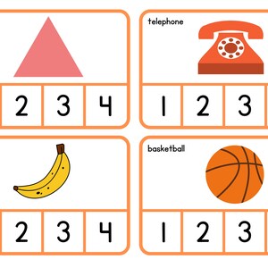 May include: Educational flashcards featuring a pink triangle, an orange telephone, a yellow banana, and an orange basketball. Each card has the numbers 1, 2, 3, and 4 below the image.
