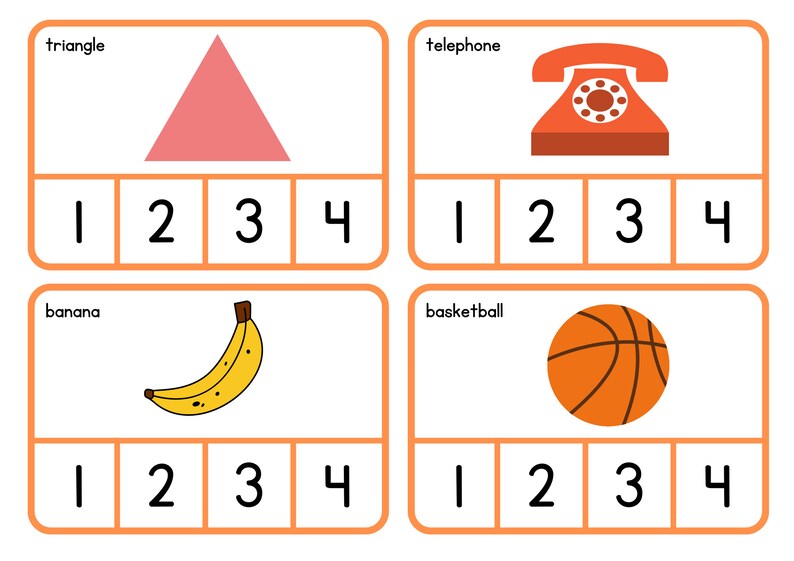 May include: Educational flashcards featuring a pink triangle, an orange telephone, a yellow banana, and an orange basketball. Each card has the numbers 1, 2, 3, and 4 below the image.