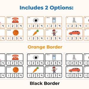 May include: Educational flashcards with orange and black borders. Each card features an image and numbers 1-4. Images include a triangle, telephone, spider, cellphone, cat, dog, banana, basketball, carrot, pirate, car, and sun.