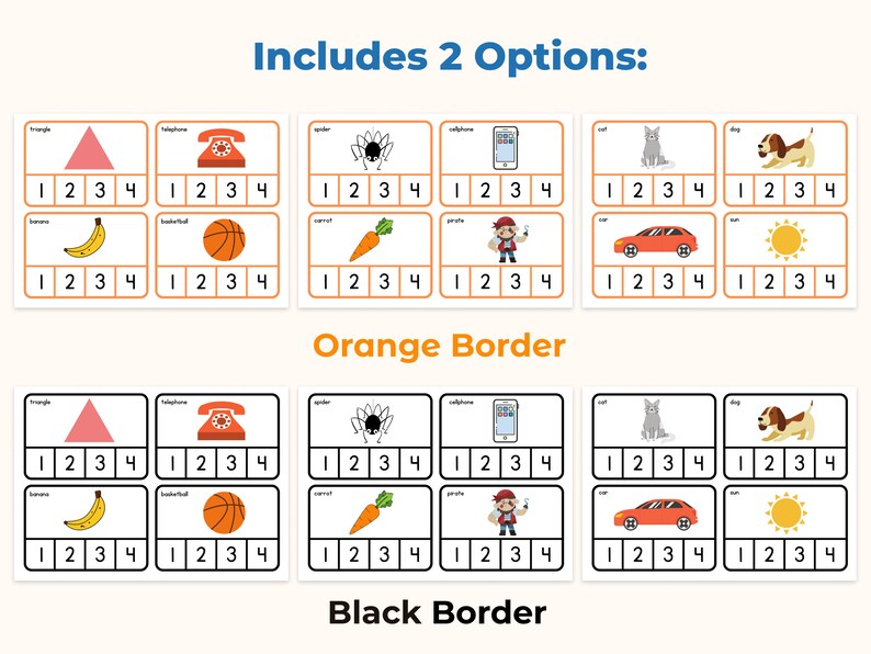 May include: Educational flashcards with orange and black borders. Each card features an image and numbers 1-4. Images include a triangle, telephone, spider, cellphone, cat, dog, banana, basketball, carrot, pirate, car, and sun.