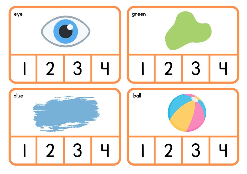 May include: Four flashcards with orange borders. The cards display an eye, a green blob, a blue brushstroke, and a beach ball. Each card has the word for the image and the numbers 1-4 below. Educational flashcards for learning.