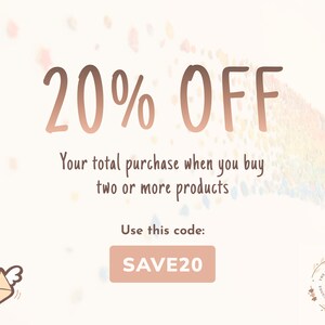 May include: A promotional graphic with the text "20% OFF" in a copper color. The text "Your total purchase when you buy two or more products" is below. The code "SAVE20" is in a peach-colored box. A logo is in the bottom right.