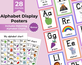 Pósteres y gráficos del alfabeto coloridos para exhibir en el aula (28 láminas)
