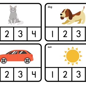 May include: Four flashcards with illustrations and numbers. The cards feature a gray cat, a brown and white dog, a red car, and a yellow sun. Each card has the word for the image and the numbers 1, 2, 3, and 4.