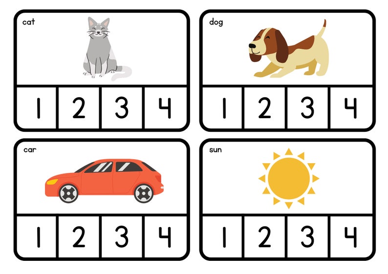 May include: Four flashcards with illustrations and numbers. The cards feature a gray cat, a brown and white dog, a red car, and a yellow sun. Each card has the word for the image and the numbers 1, 2, 3, and 4.